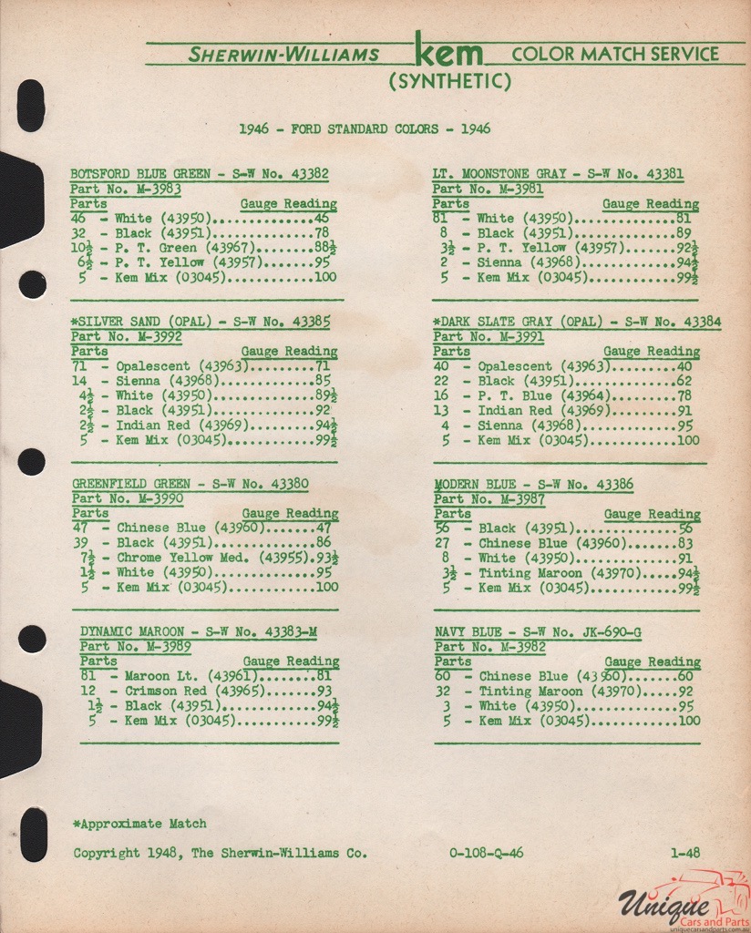 1946 Ford Paint Charts Sherwin-Williams 5